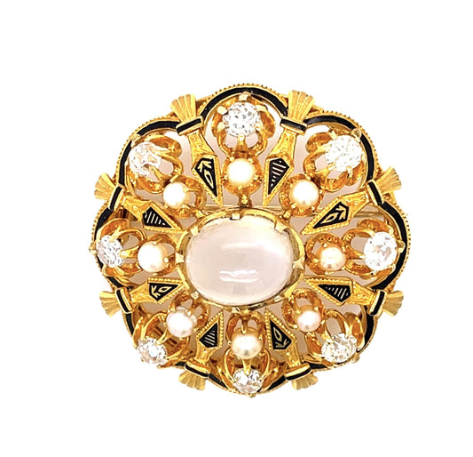 Original Victorian 6ct Moonstone 1.60ct Dia, Natural Pearl + Enamel 18KY Brooch
