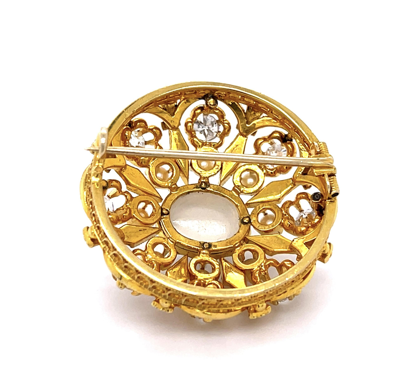Original Victorian 6ct Moonstone 1.60ct Dia, Natural Pearl + Enamel 18KY Brooch