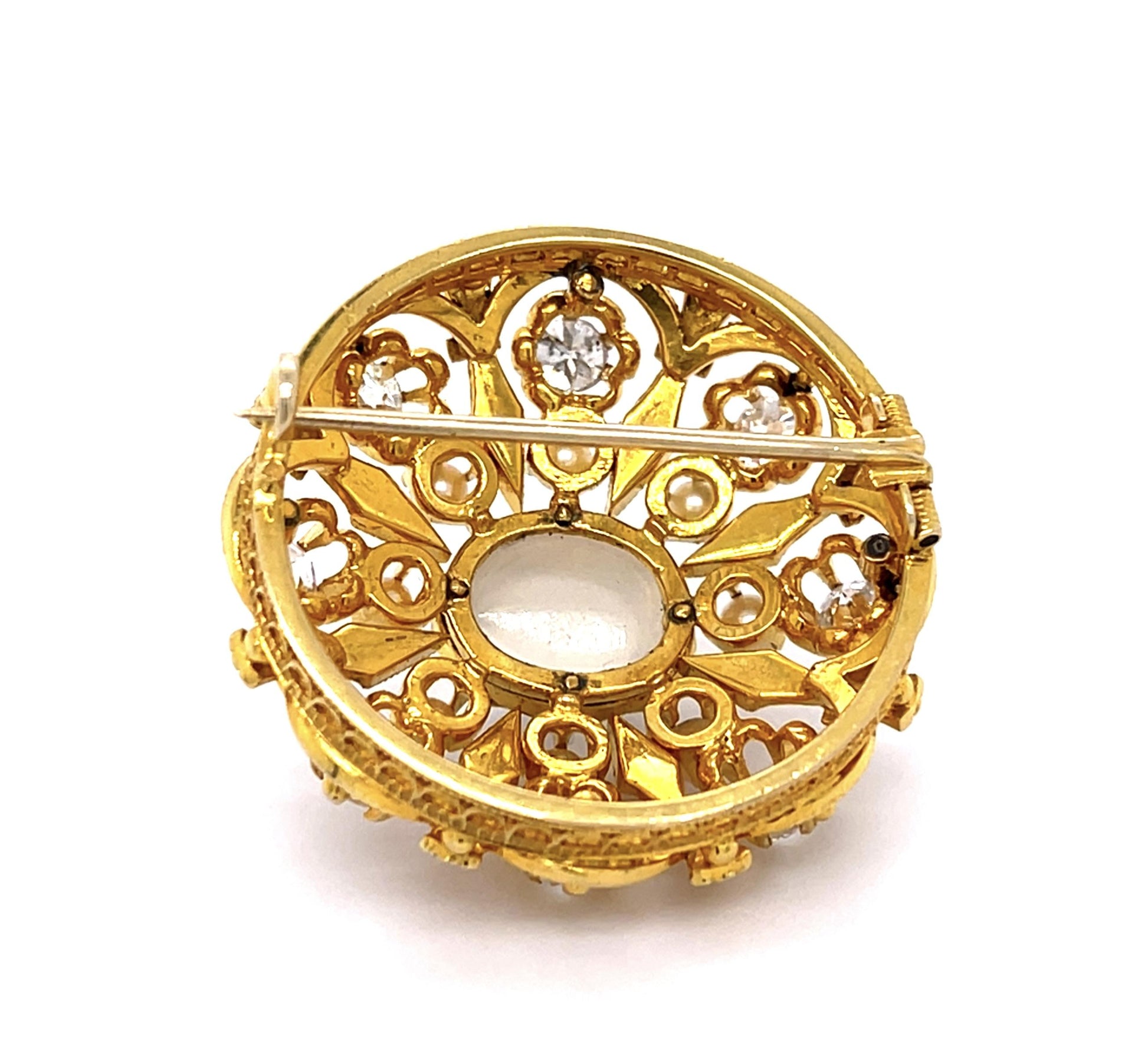 Original Victorian 6ct Moonstone 1.60ct Dia, Natural Pearl + Enamel 18KY Brooch
