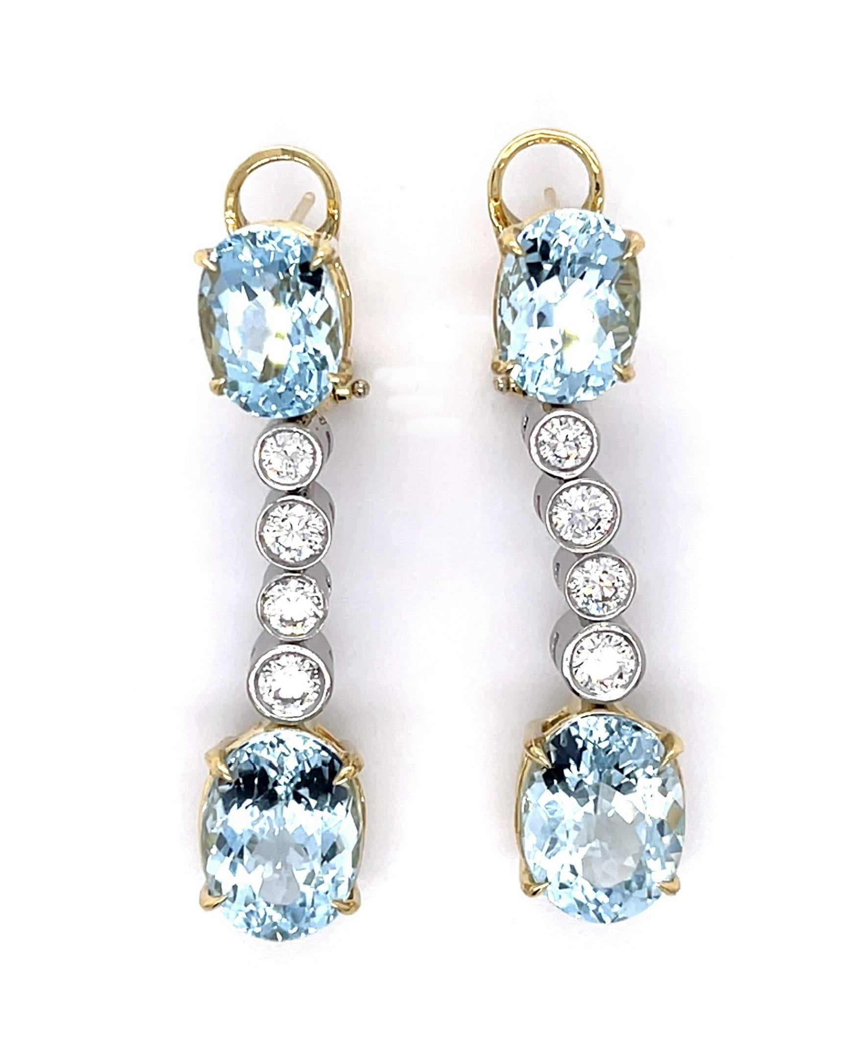 13.85ct Aquamarine 1.44ct Diamond 18K Two Tone Drop Earrings