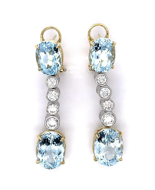 13.85ct Aquamarine 1.44ct Diamond 18K Two Tone Drop Earrings
