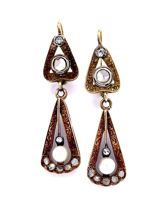 Victorian 1ct Diamond + Natural Pearl 14KY Drop Earrings (Antique 1860s)