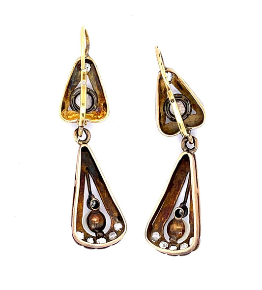 Victorian 1ct Diamond + Natural Pearl 14KY Drop Earrings (Antique 1860s)
