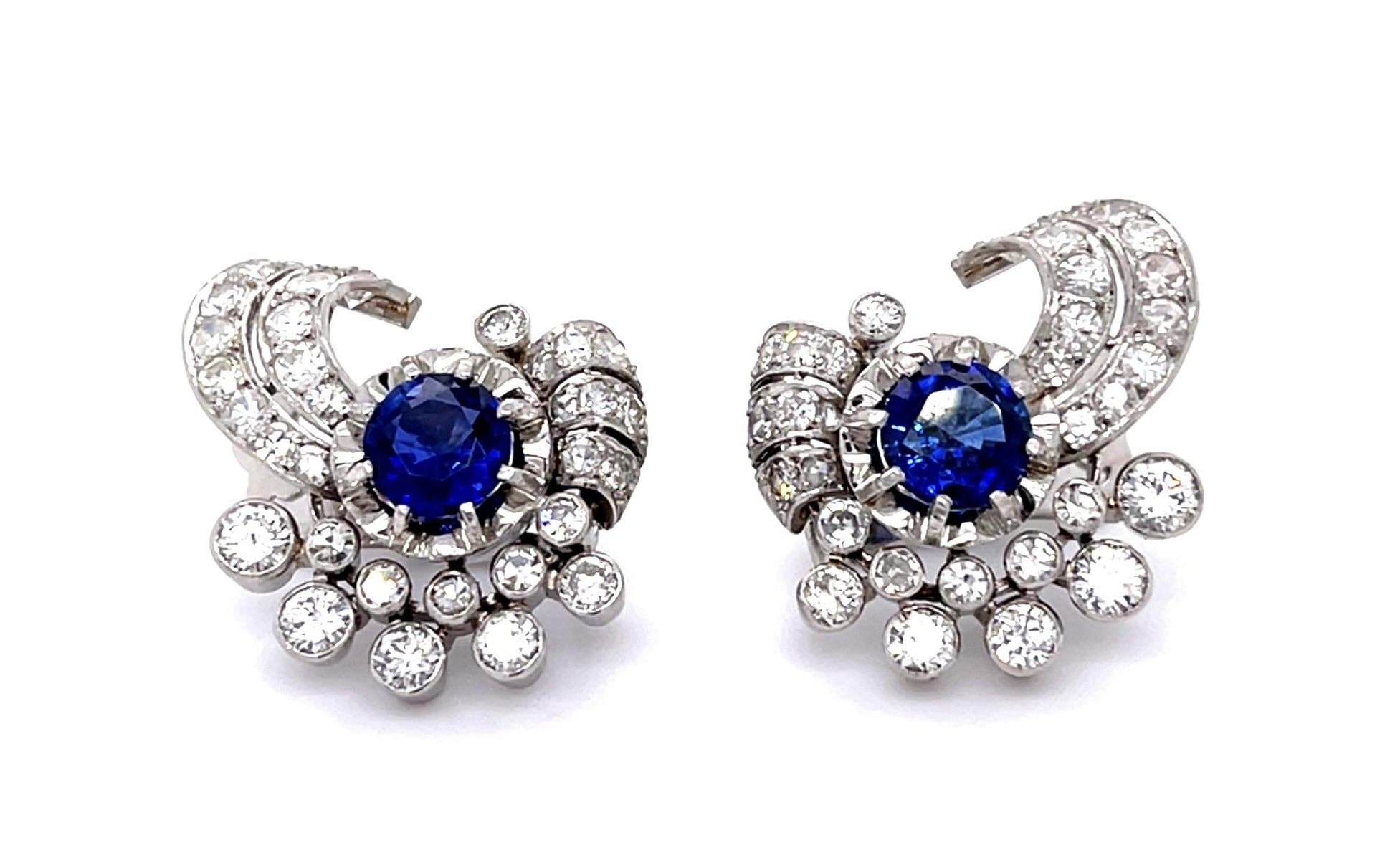 Retro 2.40ct Sapphire 3.40ct Diamond PT Earrings (Vintage 1940s)