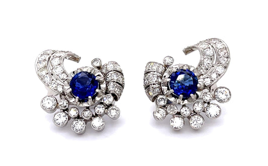 Retro 2.40ct Sapphire 3.40ct Diamond PT Earrings (Vintage 1940s)