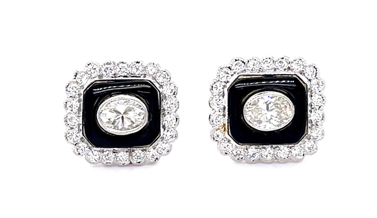 .50ct Oval Diamond + Onyx PT Stud Earrings .56ct Side Dia