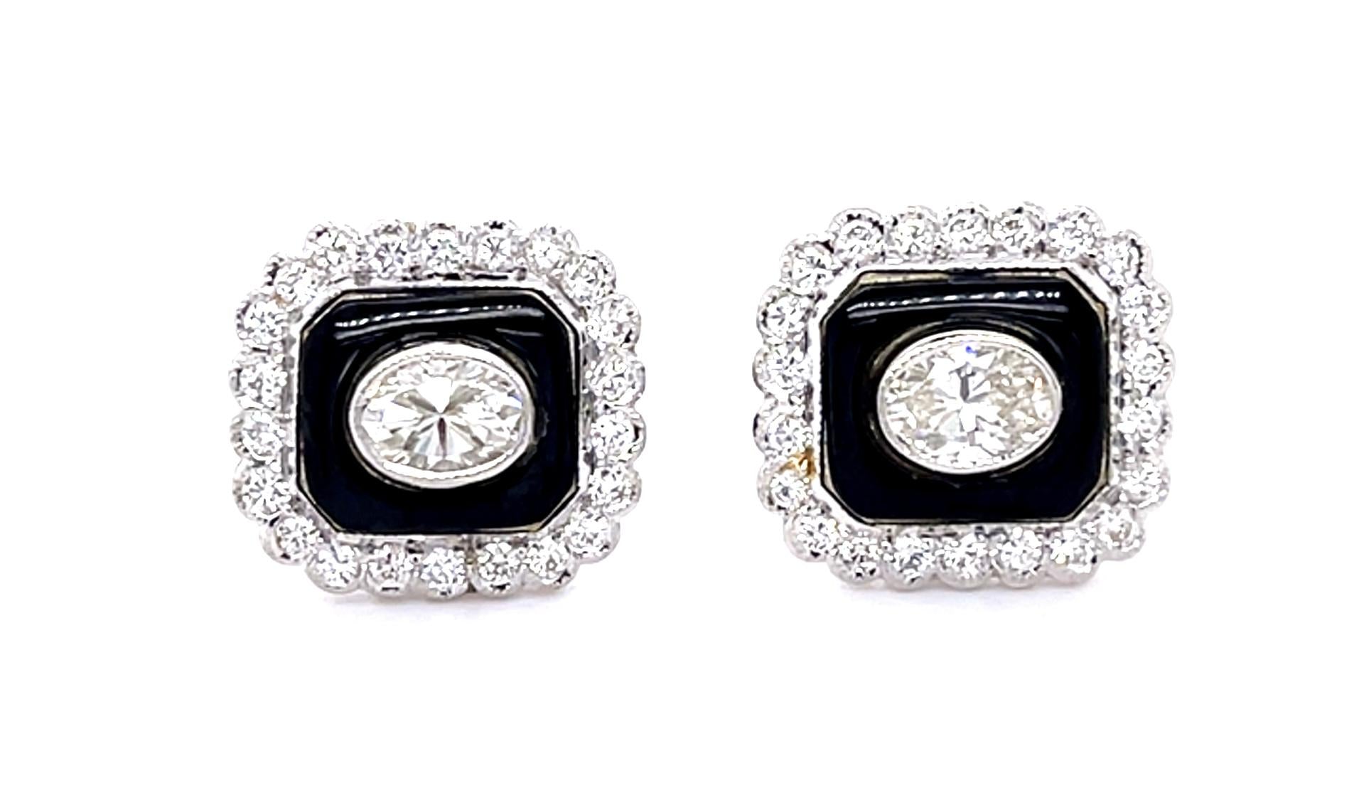 .50ct Oval Diamond + Onyx PT Stud Earrings .56ct Side Dia