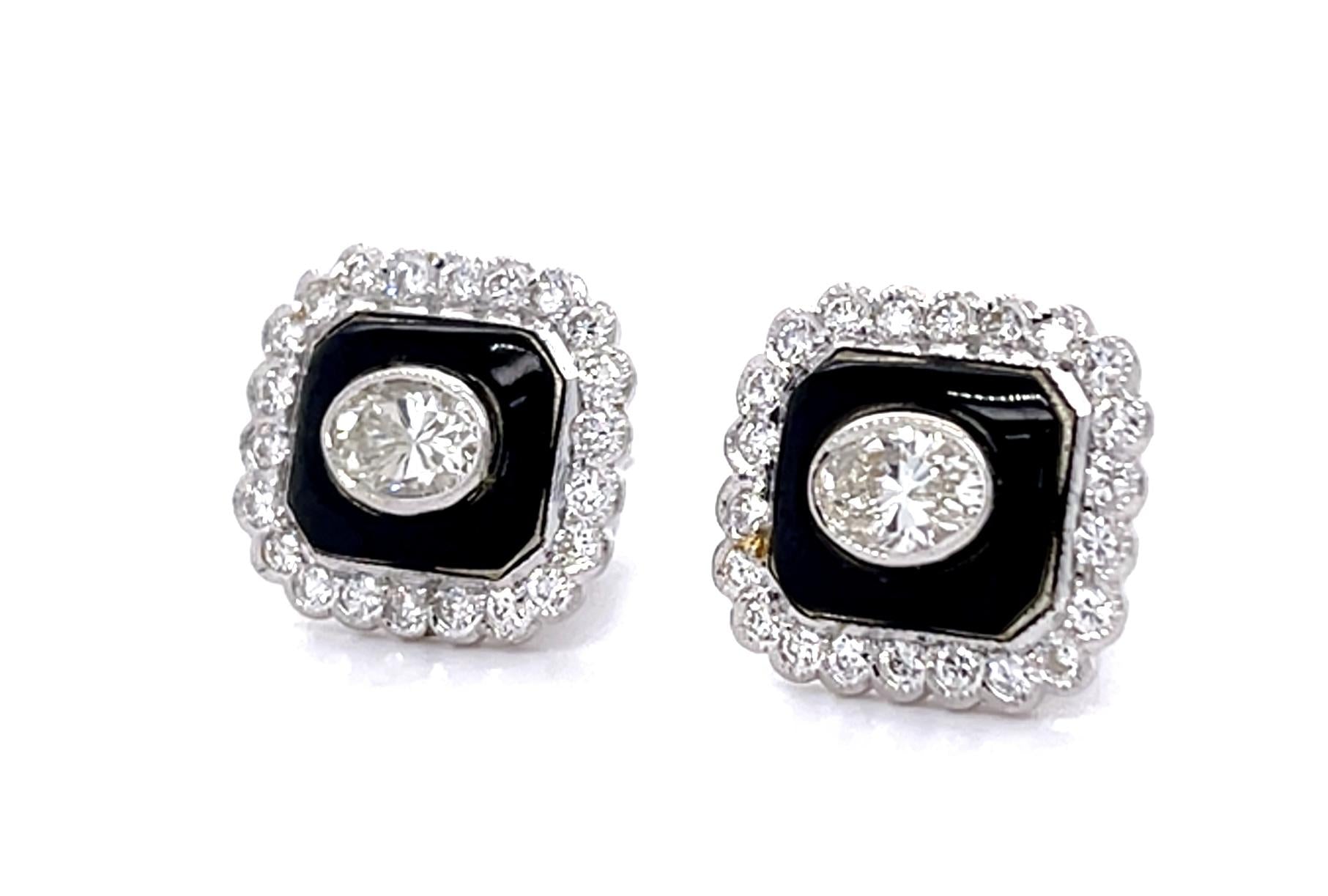 .50ct Oval Diamond + Onyx PT Stud Earrings .56ct Side Dia