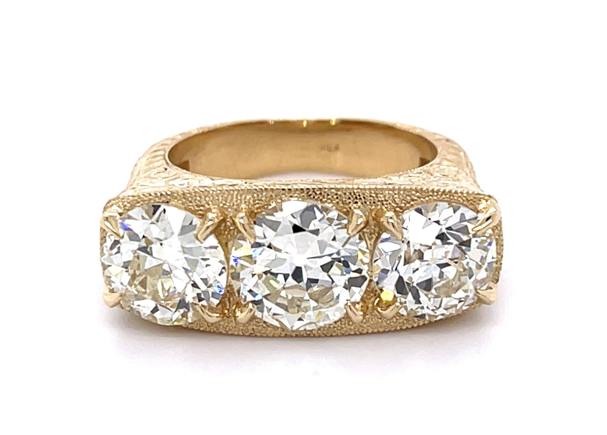 2.01ct M SI2 Old European Center Diamond 14KY Three Stone Ring 1.49ct+1.54ct SD