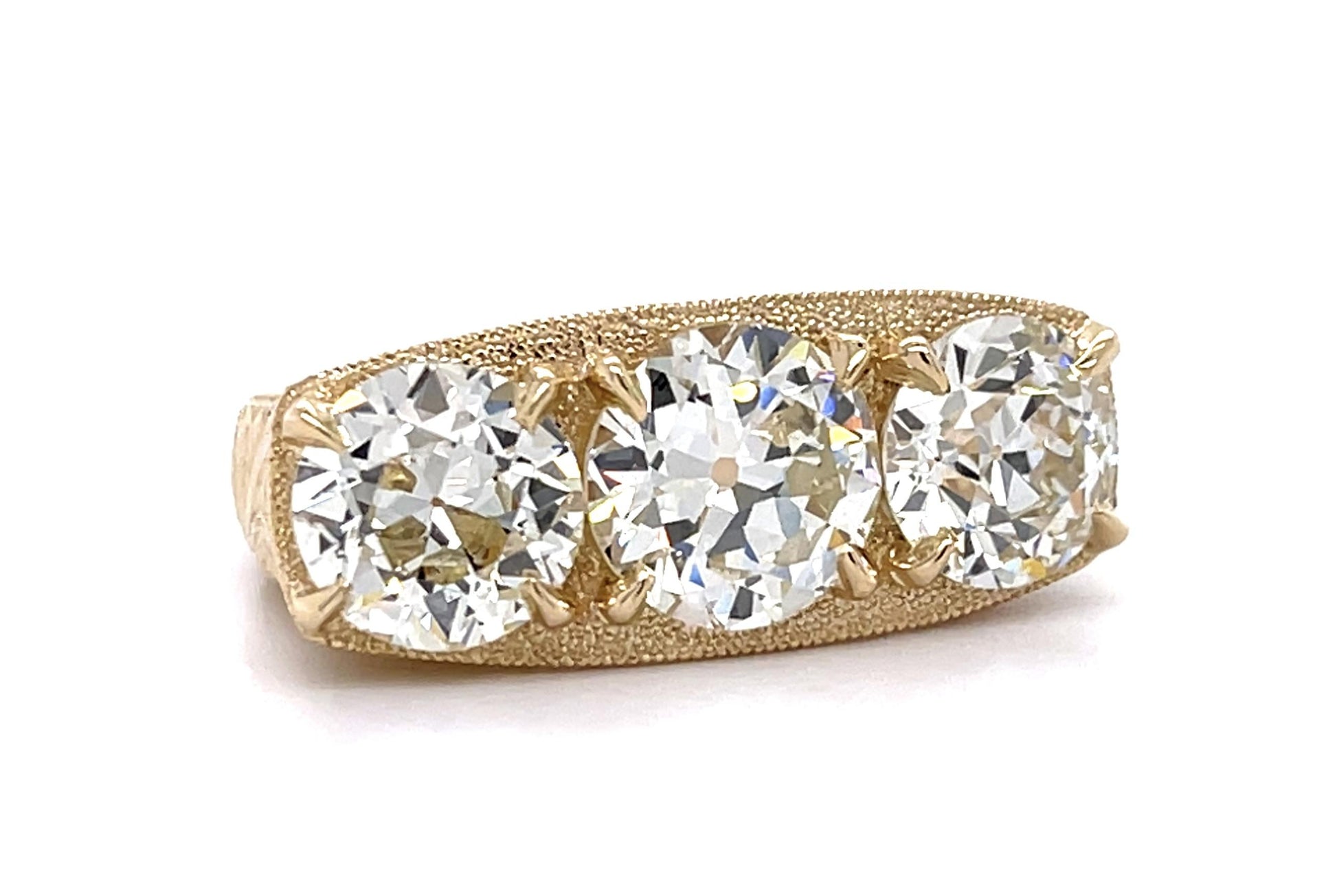 2.01ct M SI2 Old European Center Diamond 14KY Three Stone Ring 1.49ct+1.54ct SD