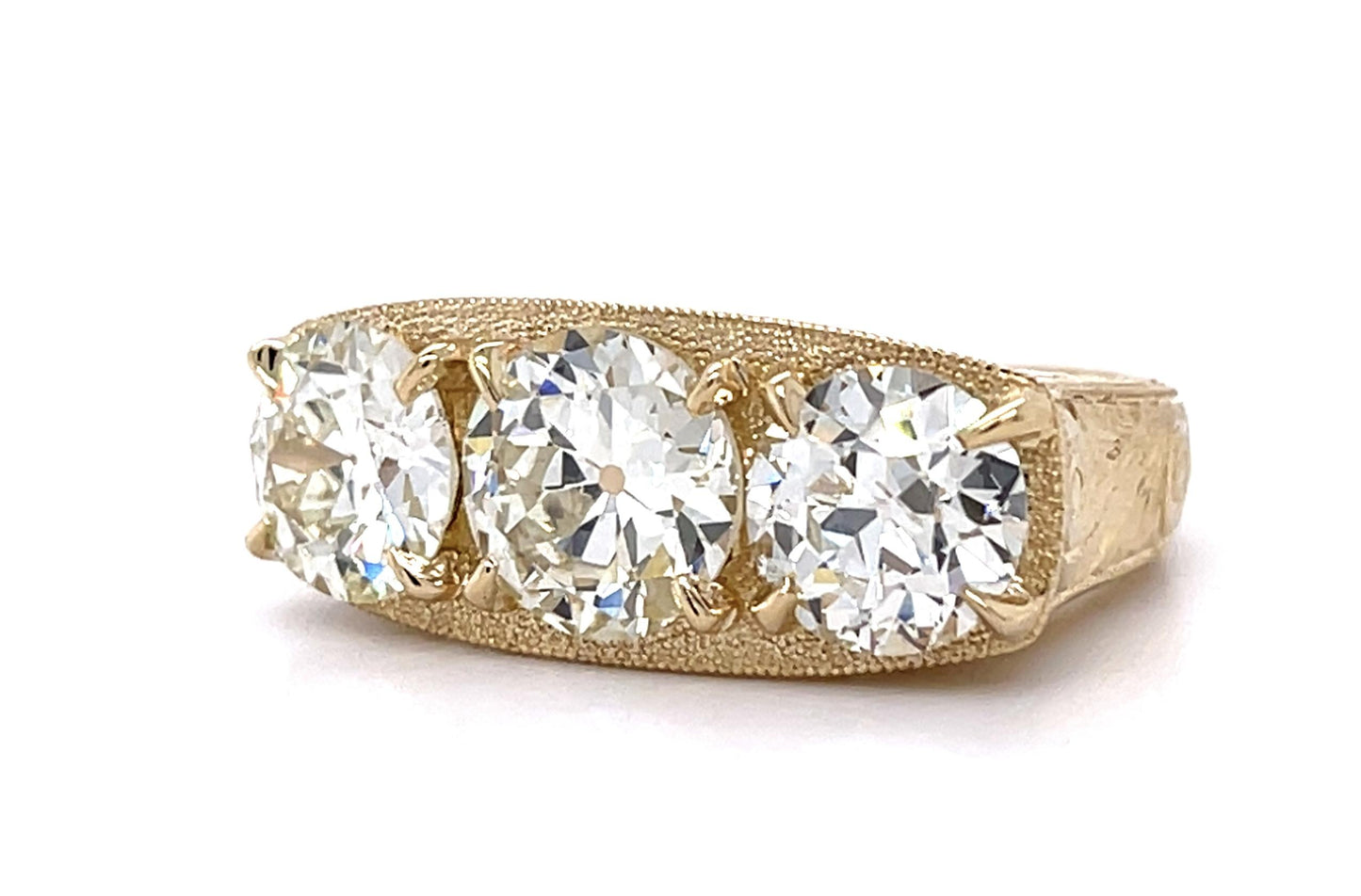 2.01ct M SI2 Old European Center Diamond 14KY Three Stone Ring 1.49ct+1.54ct SD