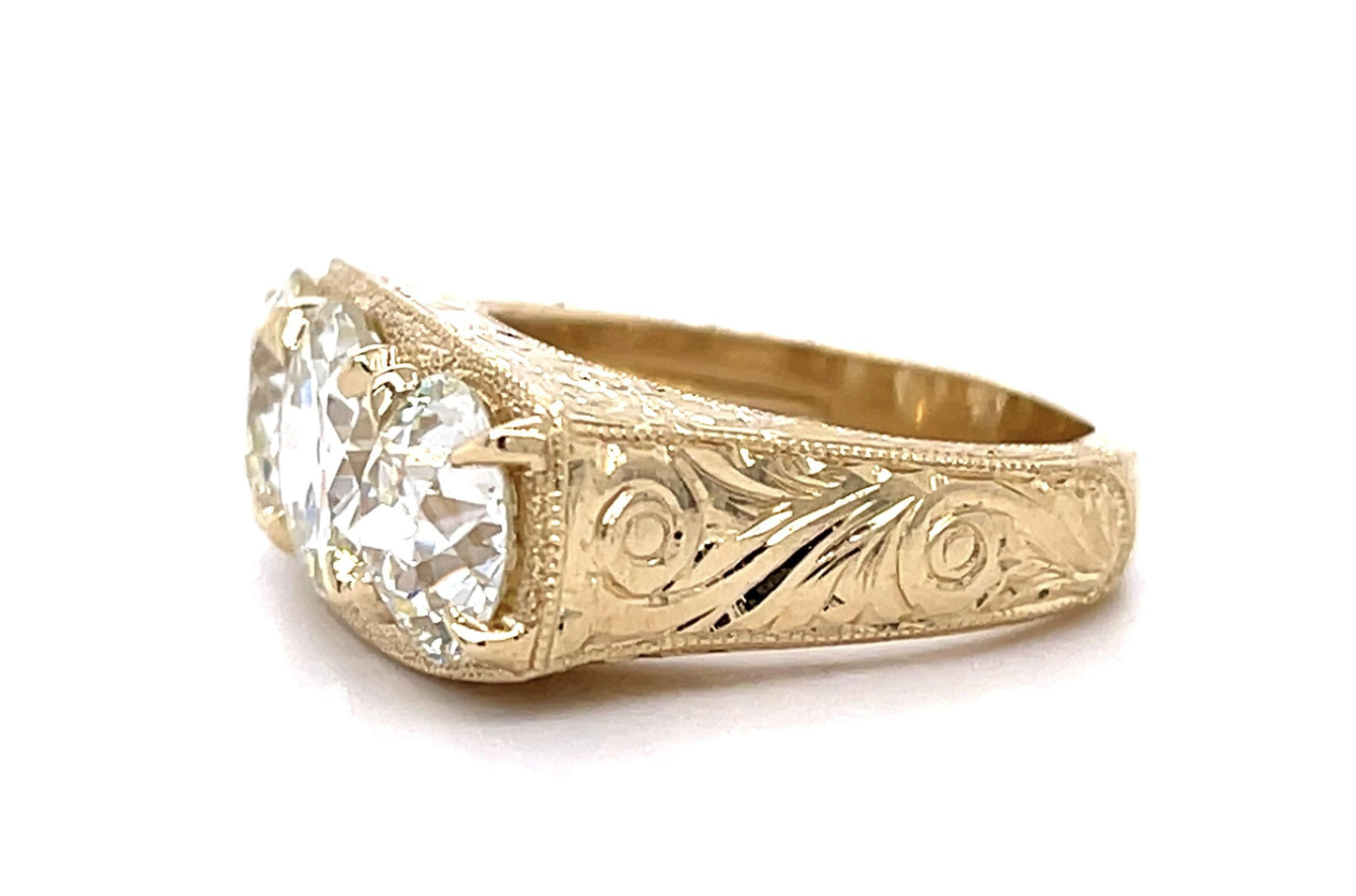 2.01ct M SI2 Old European Center Diamond 14KY Three Stone Ring 1.49ct+1.54ct SD