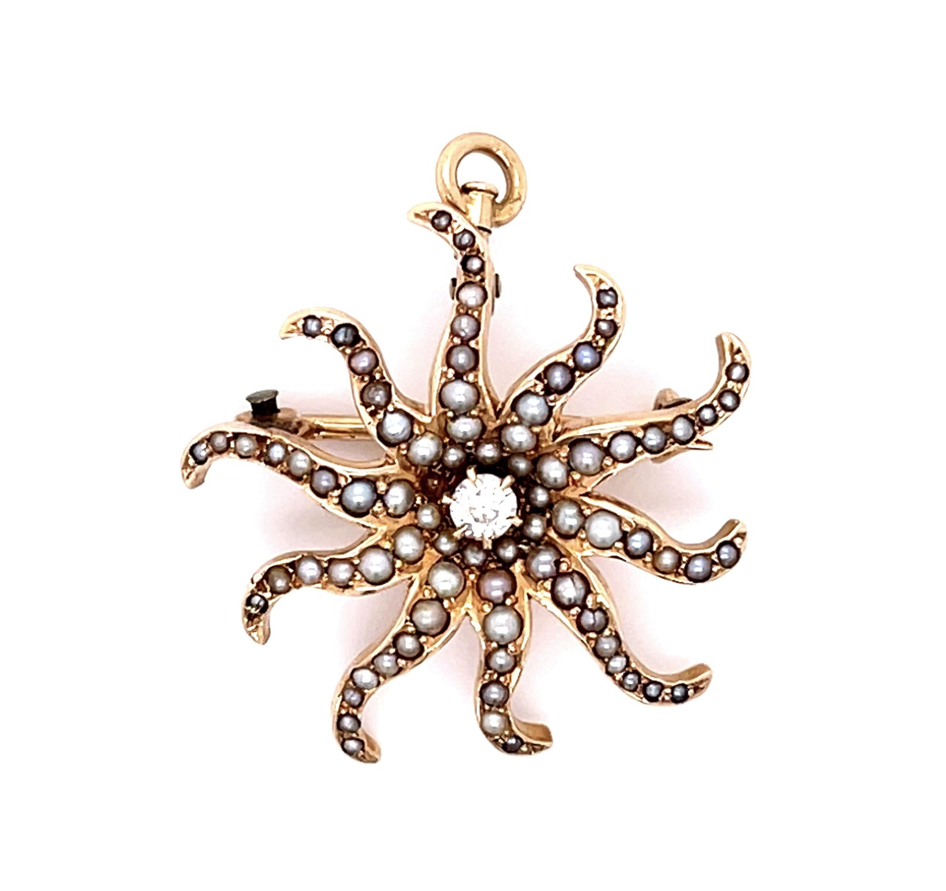 Original Victorian .08ct Diamond + Sea Pearl 14KY Pendant Brooch (Antique 1870s)