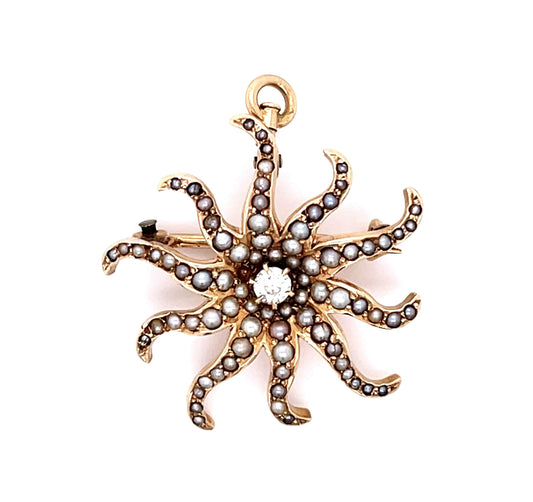 Original Victorian .08ct Diamond + Sea Pearl 14KY Pendant Brooch (Antique 1870s)