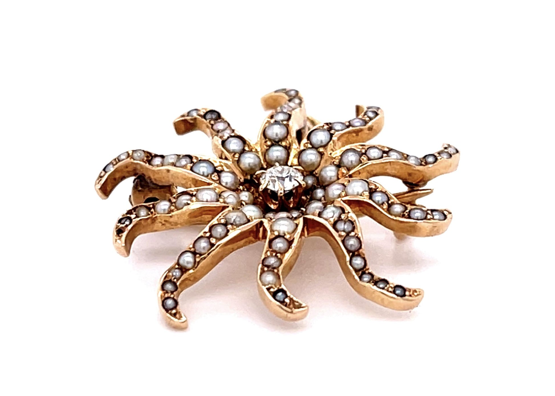 Original Victorian .08ct Diamond + Sea Pearl 14KY Pendant Brooch (Antique 1870s)