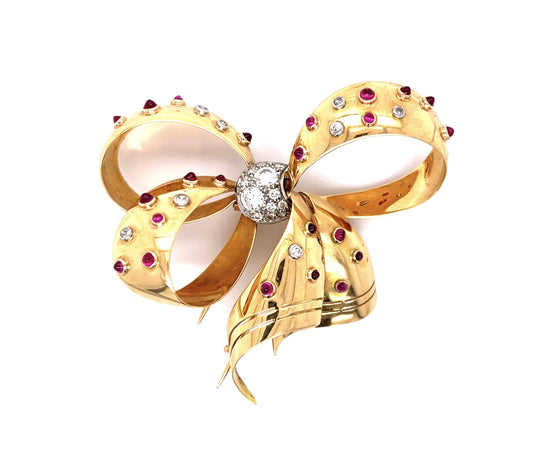 Original Retro .70ct (Two Center Dia) 18KY Bow Brooch (Vintage 1940s)