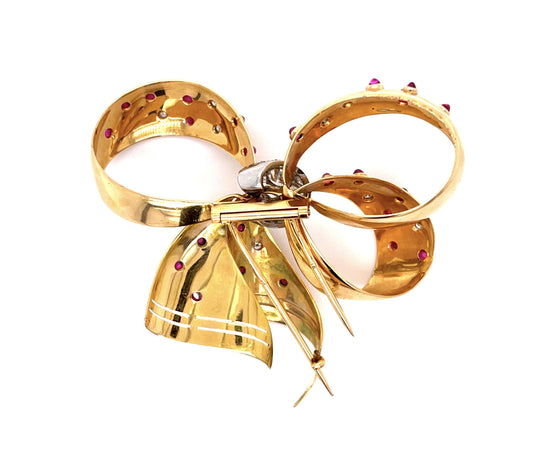 Original Retro .70ct (Two Center Dia) 18KY Bow Brooch (Vintage 1940s)