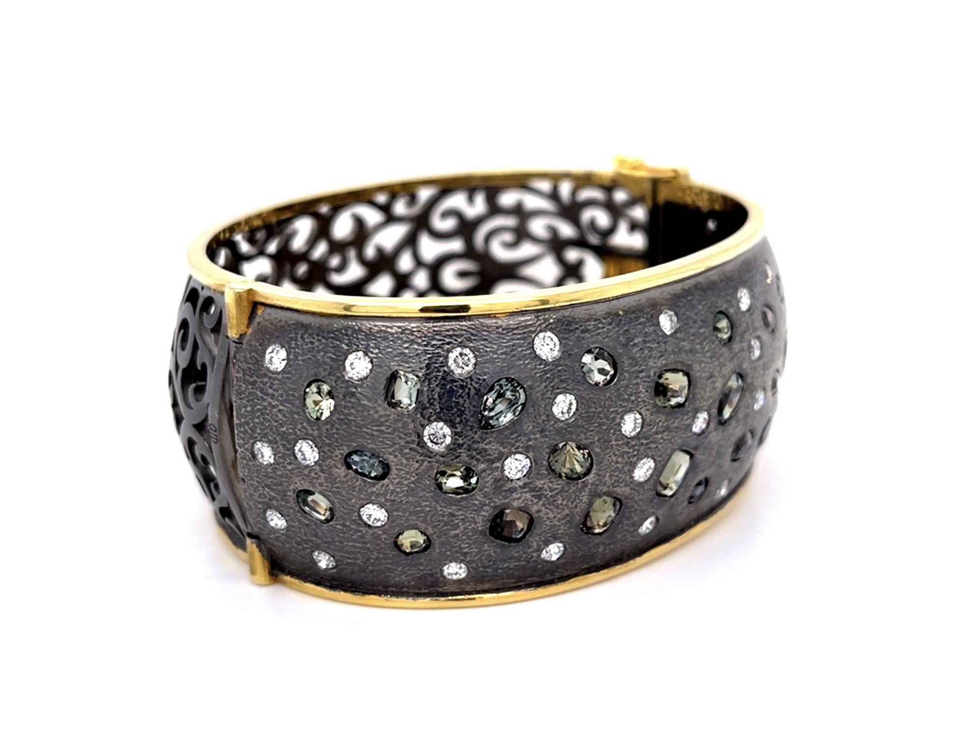 15.84ct Alexandrite 3ct Diamond 14KY+Gun Silver Finish Bangle Bracelet