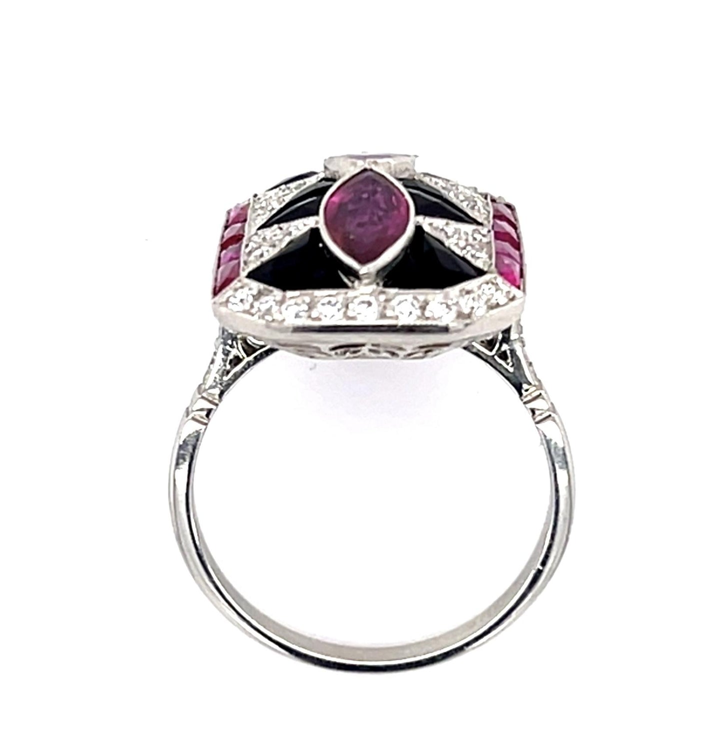 1.25ct Marquise Ruby + Onyx PT Handmade Ring