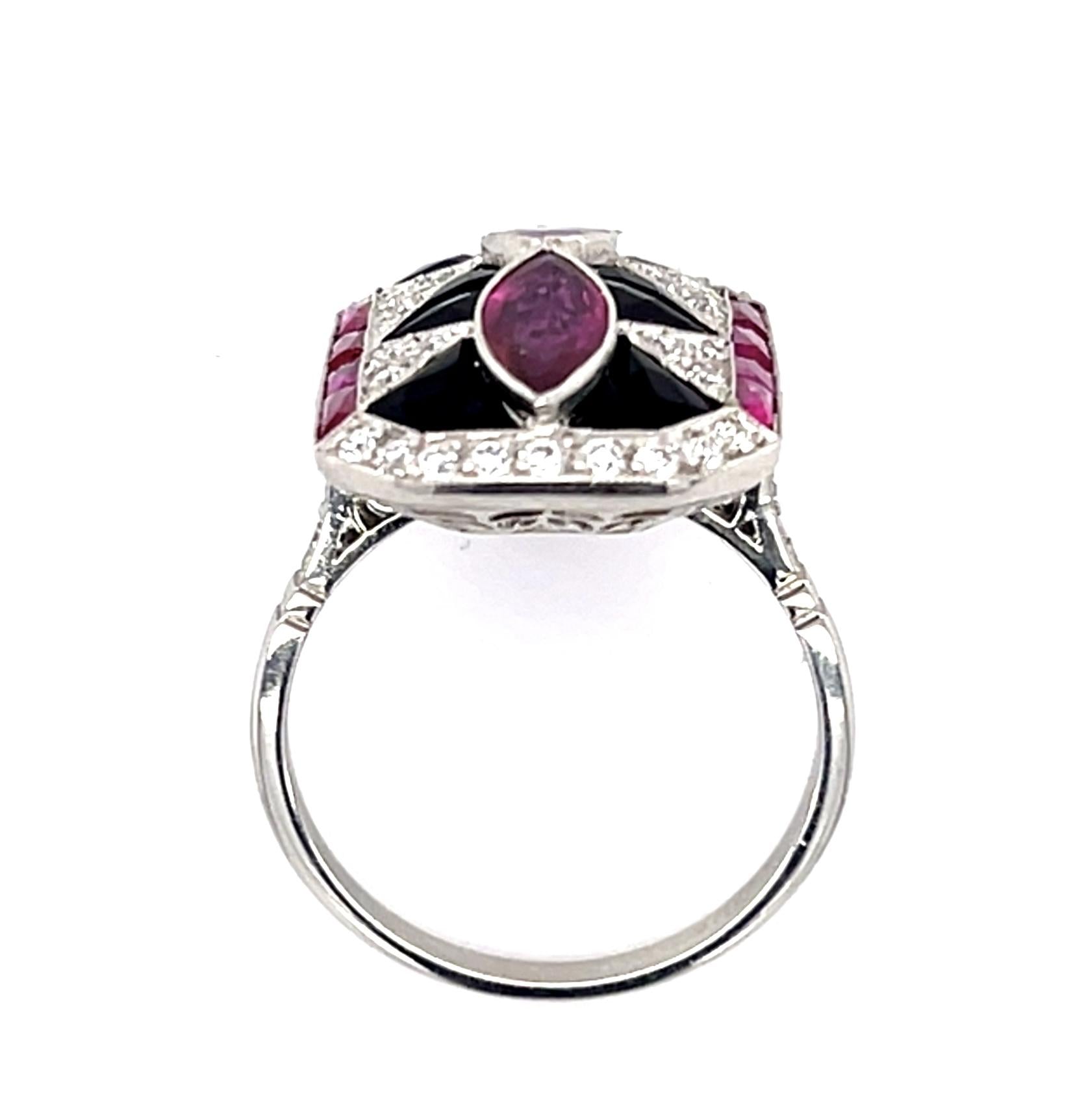 1.25ct Marquise Ruby + Onyx PT Handmade Ring