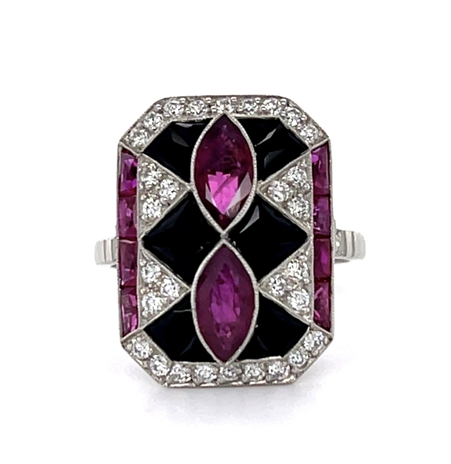 1.25ct Marquise Ruby + Onyx PT Handmade Ring