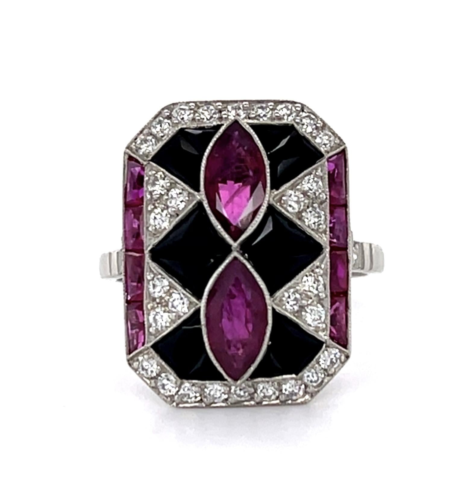 1.25ct Marquise Ruby + Onyx PT Handmade Ring