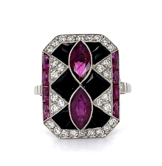 1.25ct Marquise Ruby + Onyx PT Handmade Ring