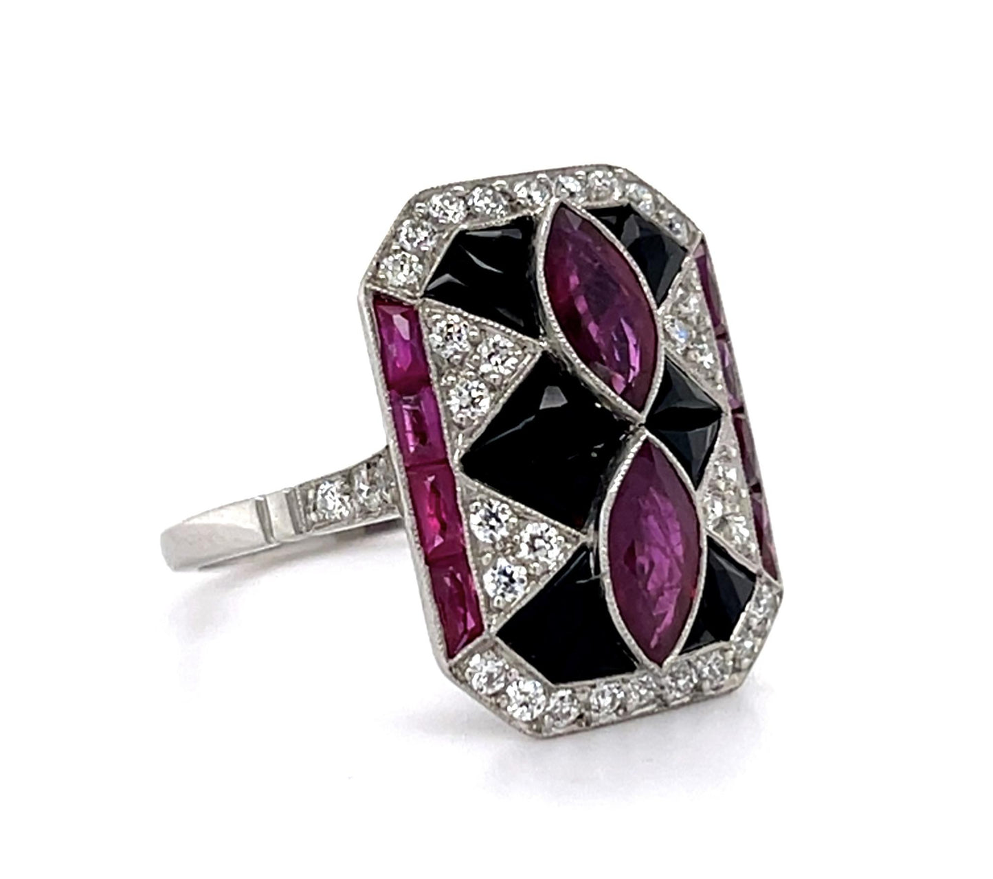 1.25ct Marquise Ruby + Onyx PT Handmade Ring
