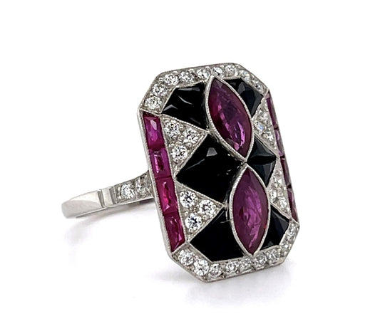 1.25ct Marquise Ruby + Onyx PT Handmade Ring