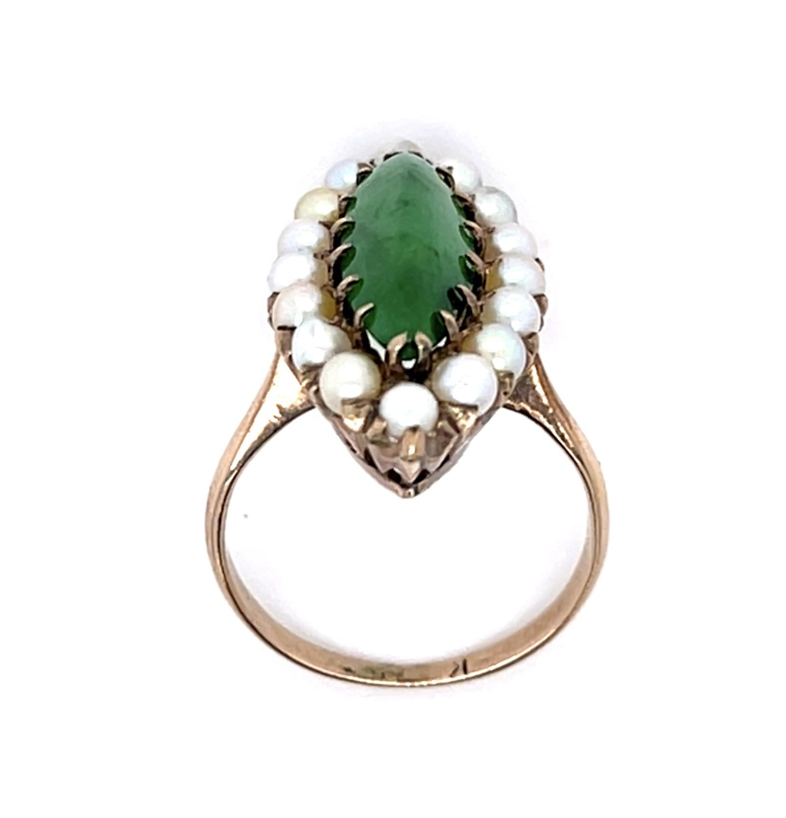 3ct Natural Jade (No Cert) & Pearl 9KY Ring Circa 1930
