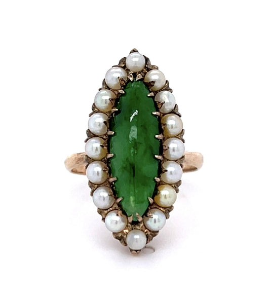 14KY Emerald &  Pearl Victorian Ring 0.75ct(em) Circa 1880s