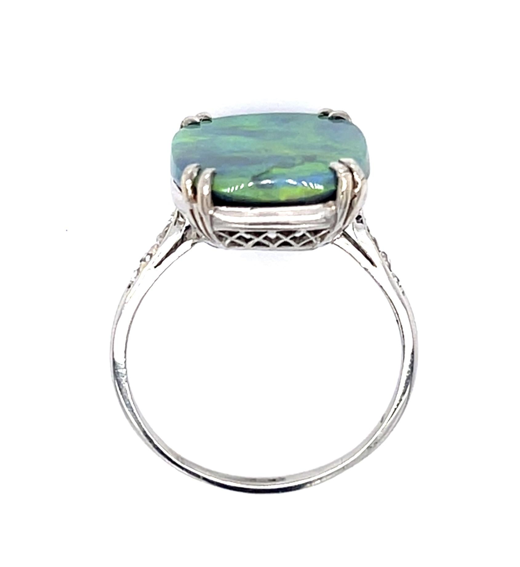 6.75ct Australian Black Opal PT Ring (Vintage 1930s) .12ct Side Dia