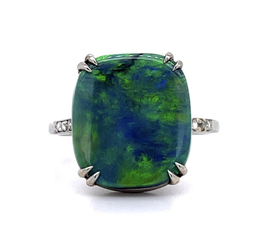 6.75ct Australian Black Opal PT Ring (Vintage 1930s) .12ct Side Dia