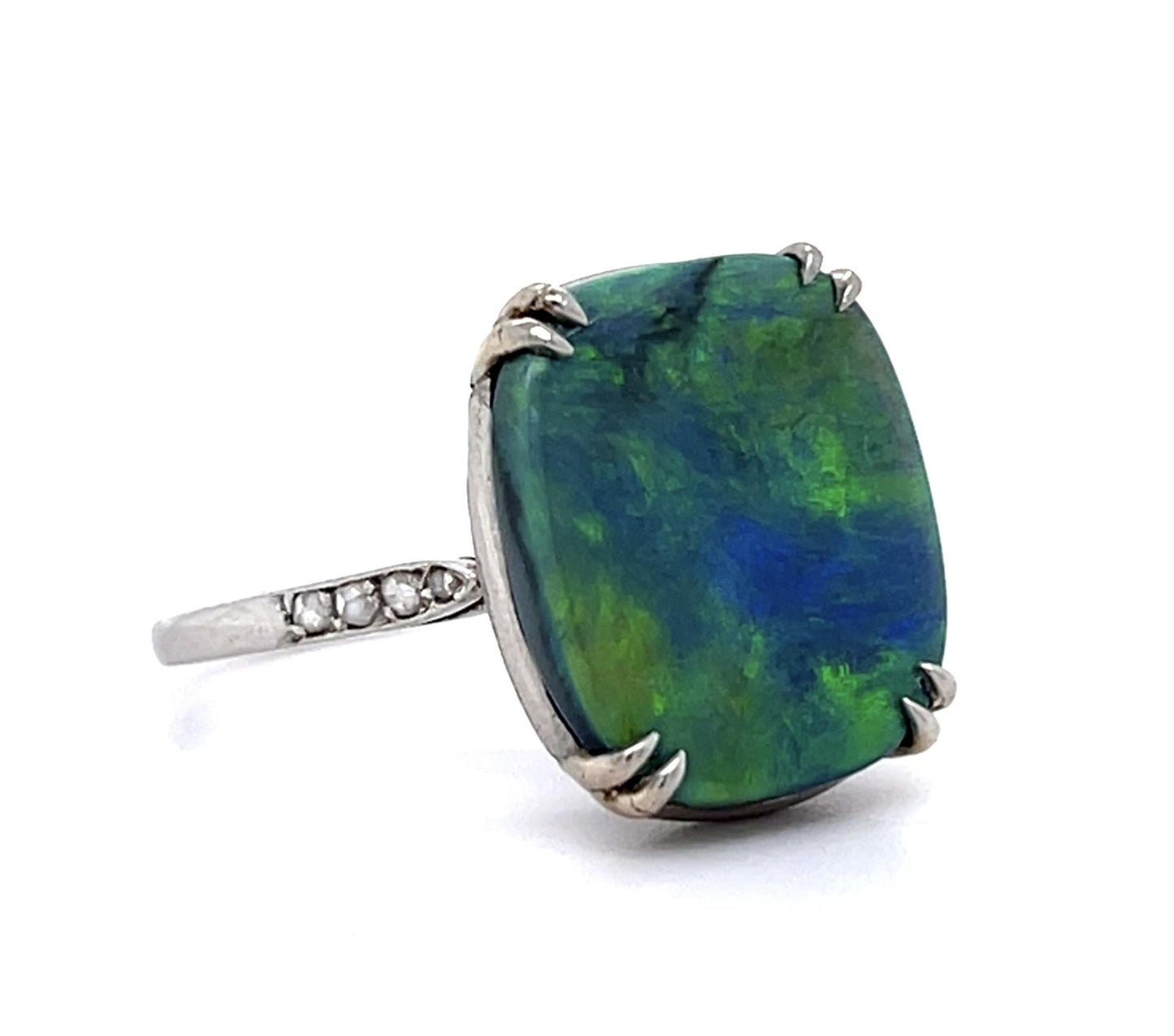 6.75ct Australian Black Opal PT Ring (Vintage 1930s) .12ct Side Dia