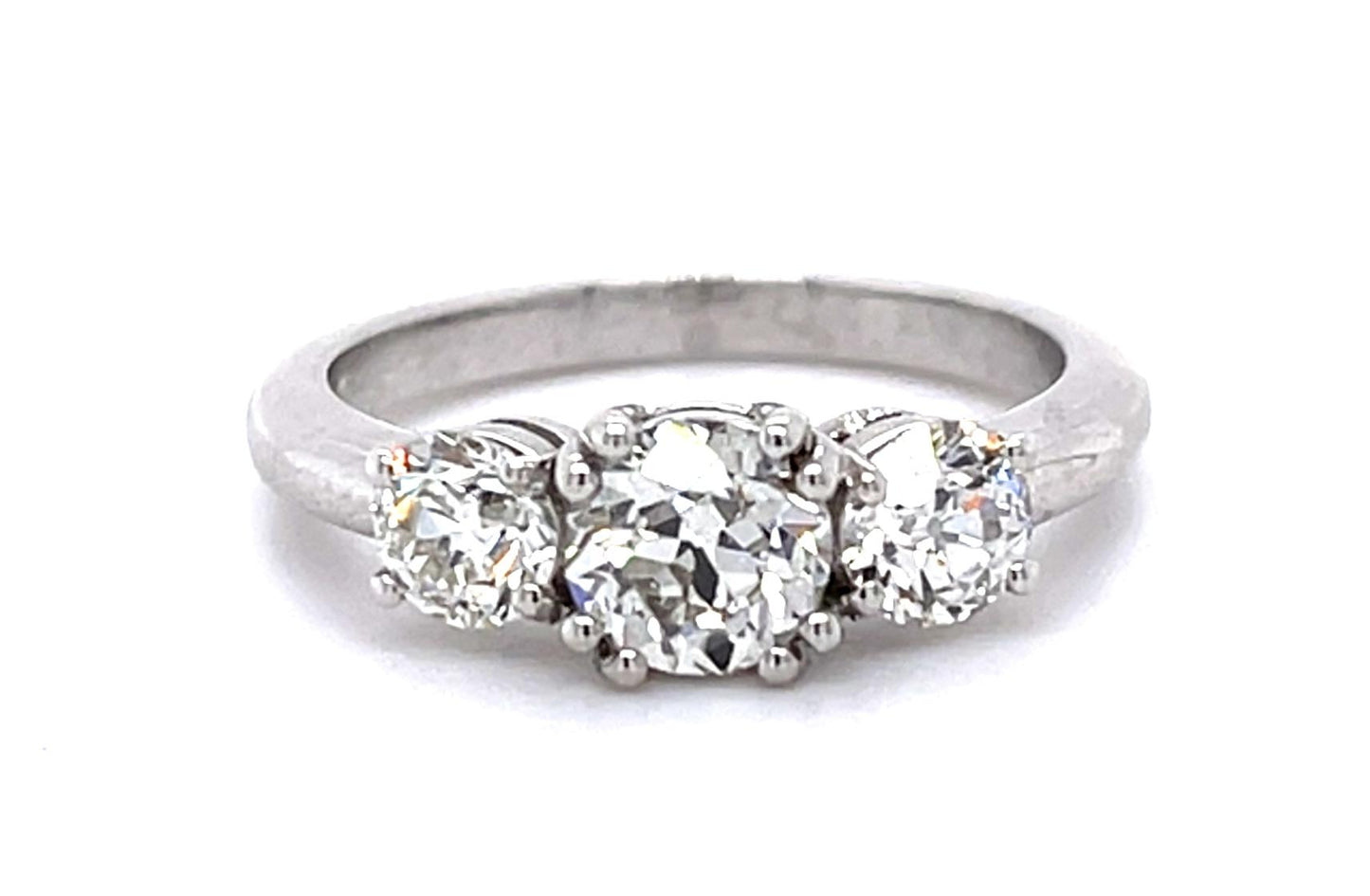 .85ct Center European Diamond PT Three Stone Ring .77ct Side Dia