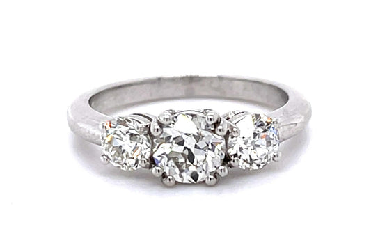 .85ct Center European Diamond PT Three Stone Ring .77ct Side Dia