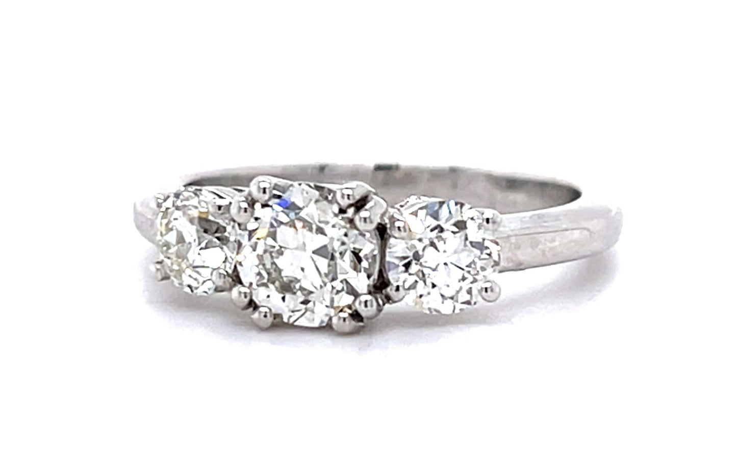 .85ct Center European Diamond PT Three Stone Ring .77ct Side Dia