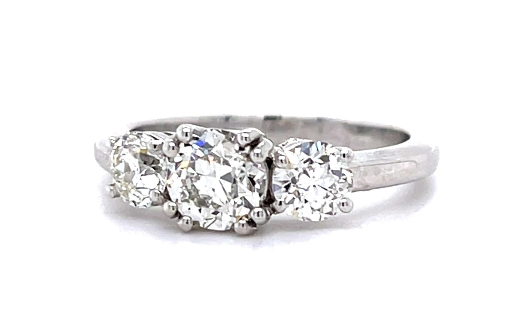 .85ct Center European Diamond PT Three Stone Ring .77ct Side Dia