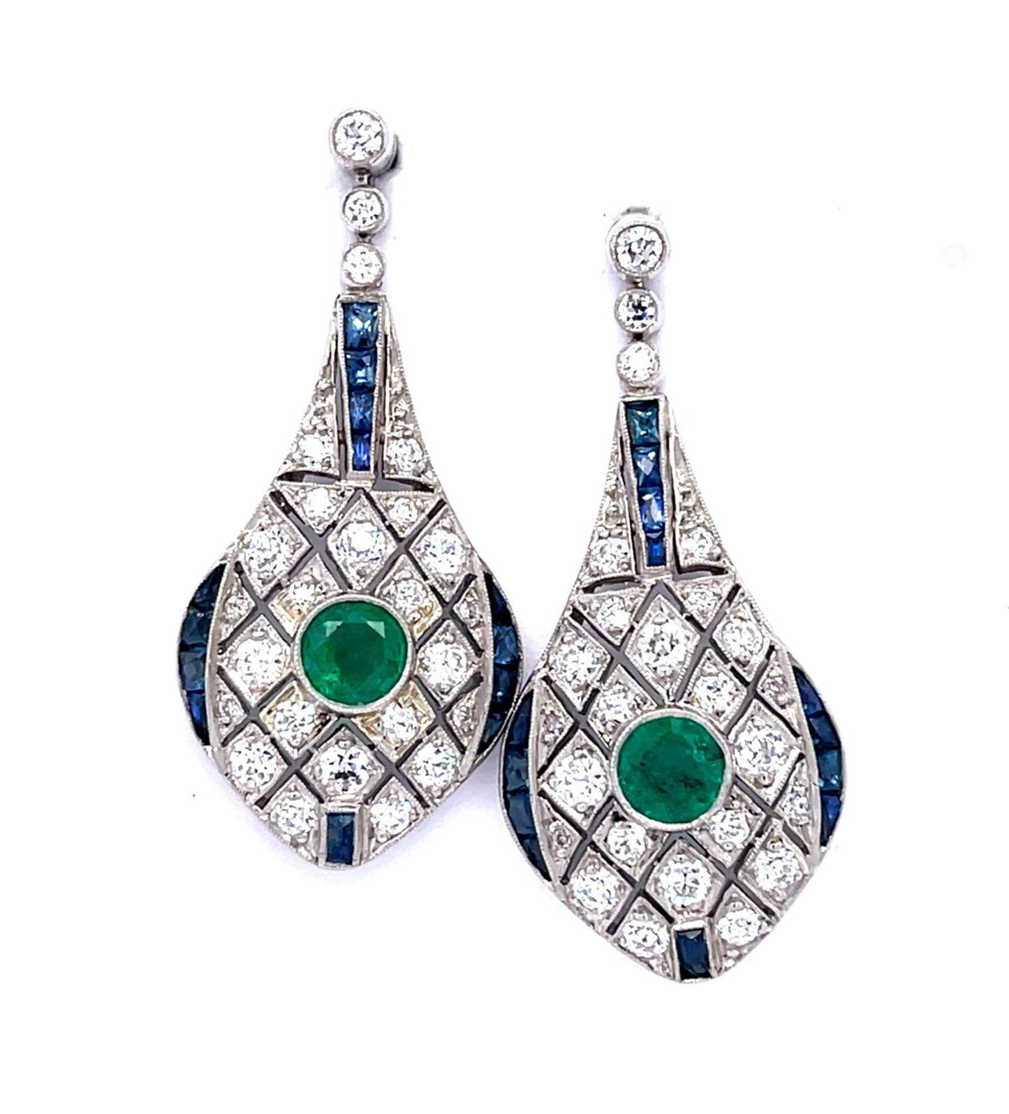 .94ct Emerald 1.34ct (44 Diamonds) 2.48ct Sapphire PT Handmade Drop Earrings