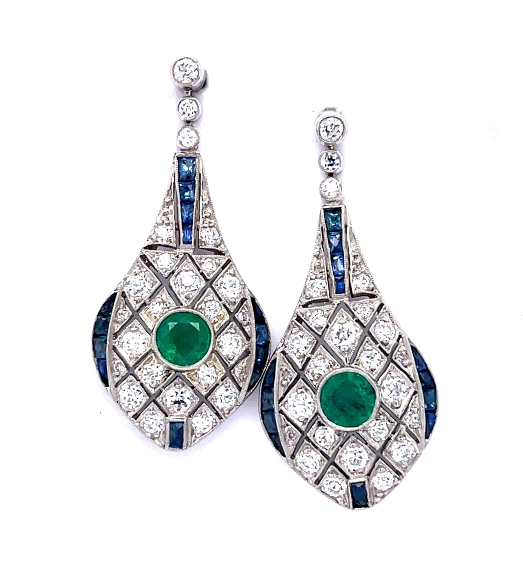 .94ct Emerald 1.34ct (44 Diamonds) 2.48ct Sapphire PT Handmade Drop Earrings