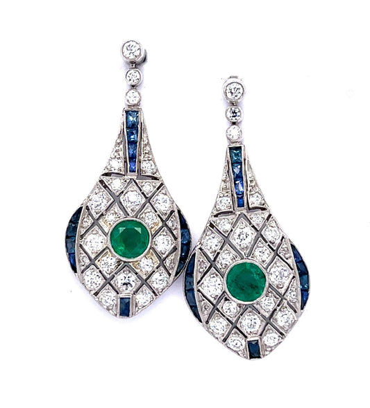 .94ct Emerald 1.34ct (44 Diamonds) 2.48ct Sapphire PT Handmade Drop Earrings