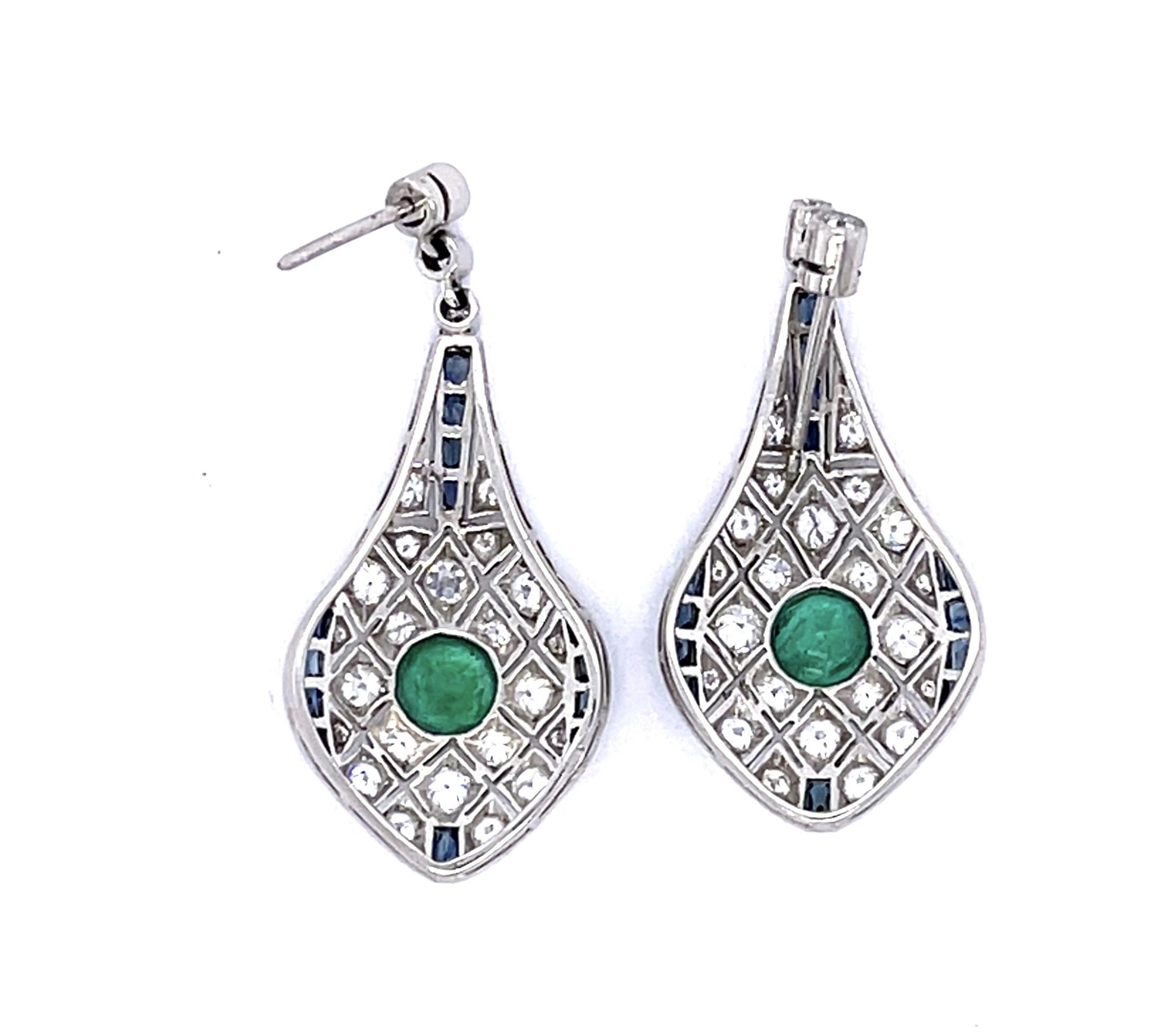 .94ct Emerald 1.34ct (44 Diamonds) 2.48ct Sapphire PT Handmade Drop Earrings