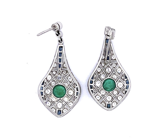 .94ct Emerald 1.34ct (44 Diamonds) 2.48ct Sapphire PT Handmade Drop Earrings