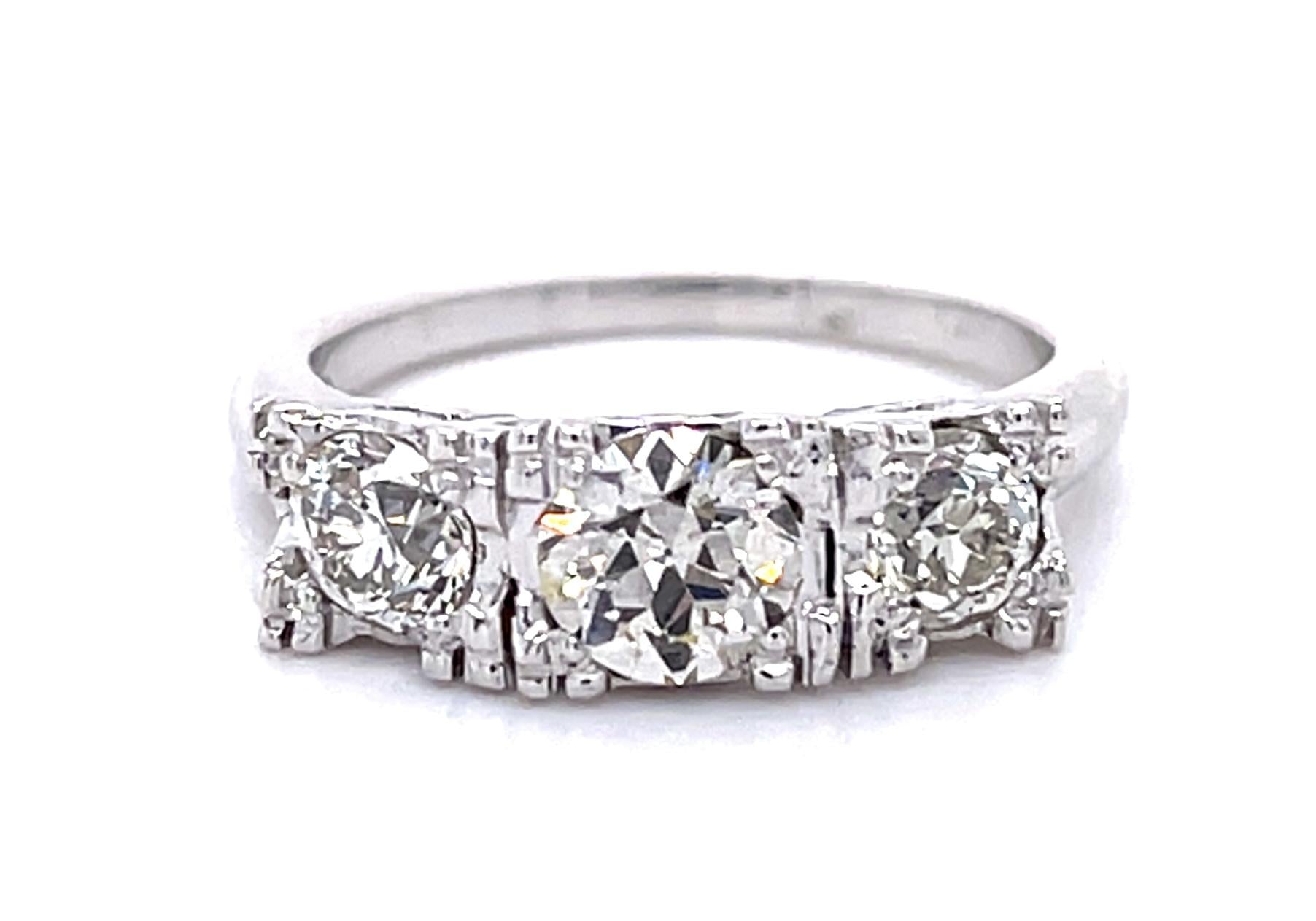 .66ct Center European Diamond 14KW Three Stone Ring (Vintage 1940s)