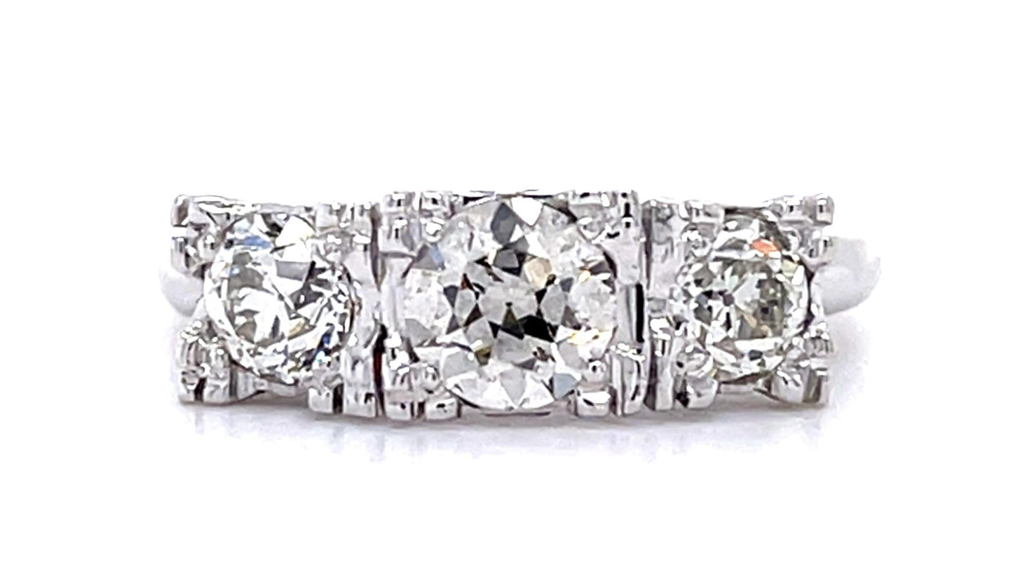.66ct Center European Diamond 14KW Three Stone Ring (Vintage 1940s)