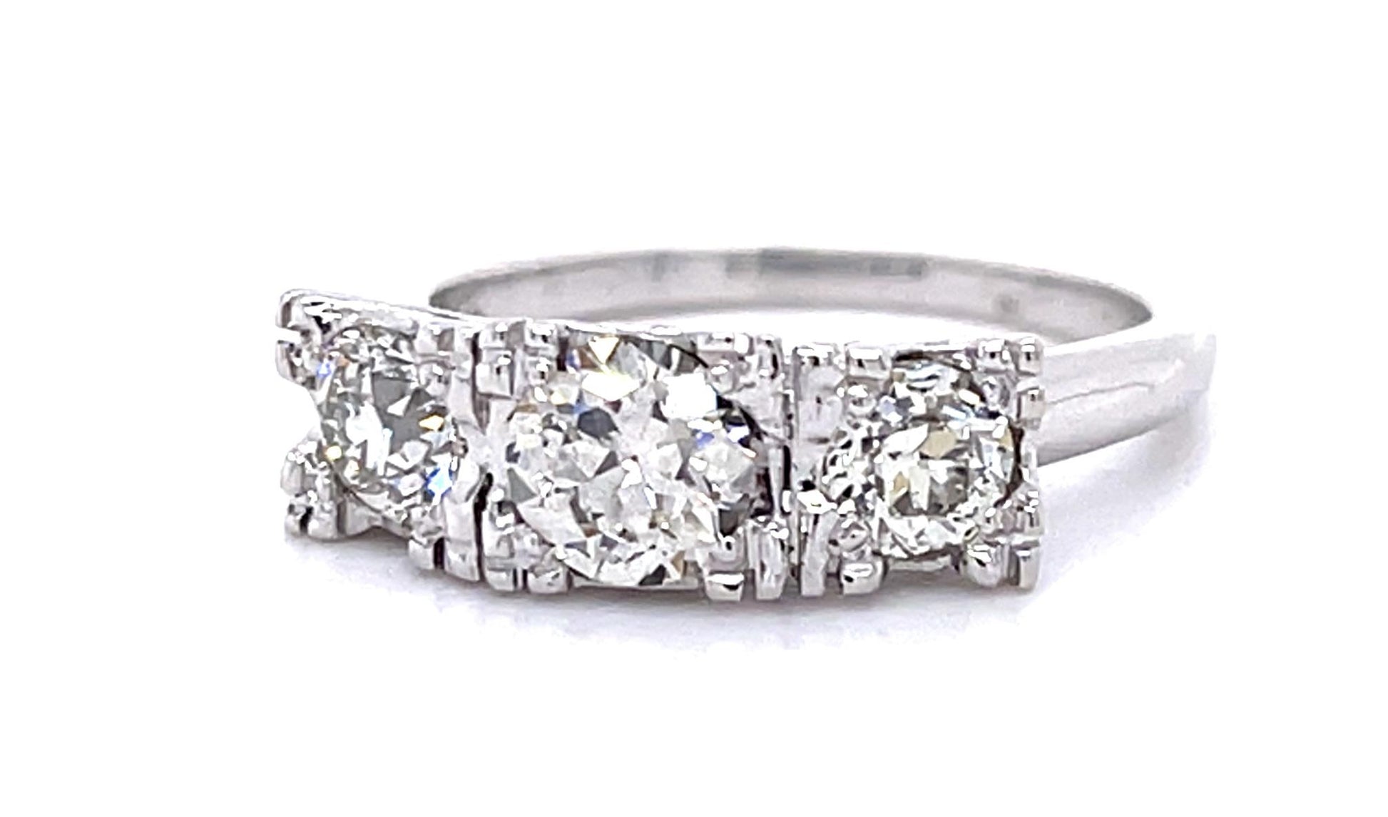 .66ct Center European Diamond 14KW Three Stone Ring (Vintage 1940s)