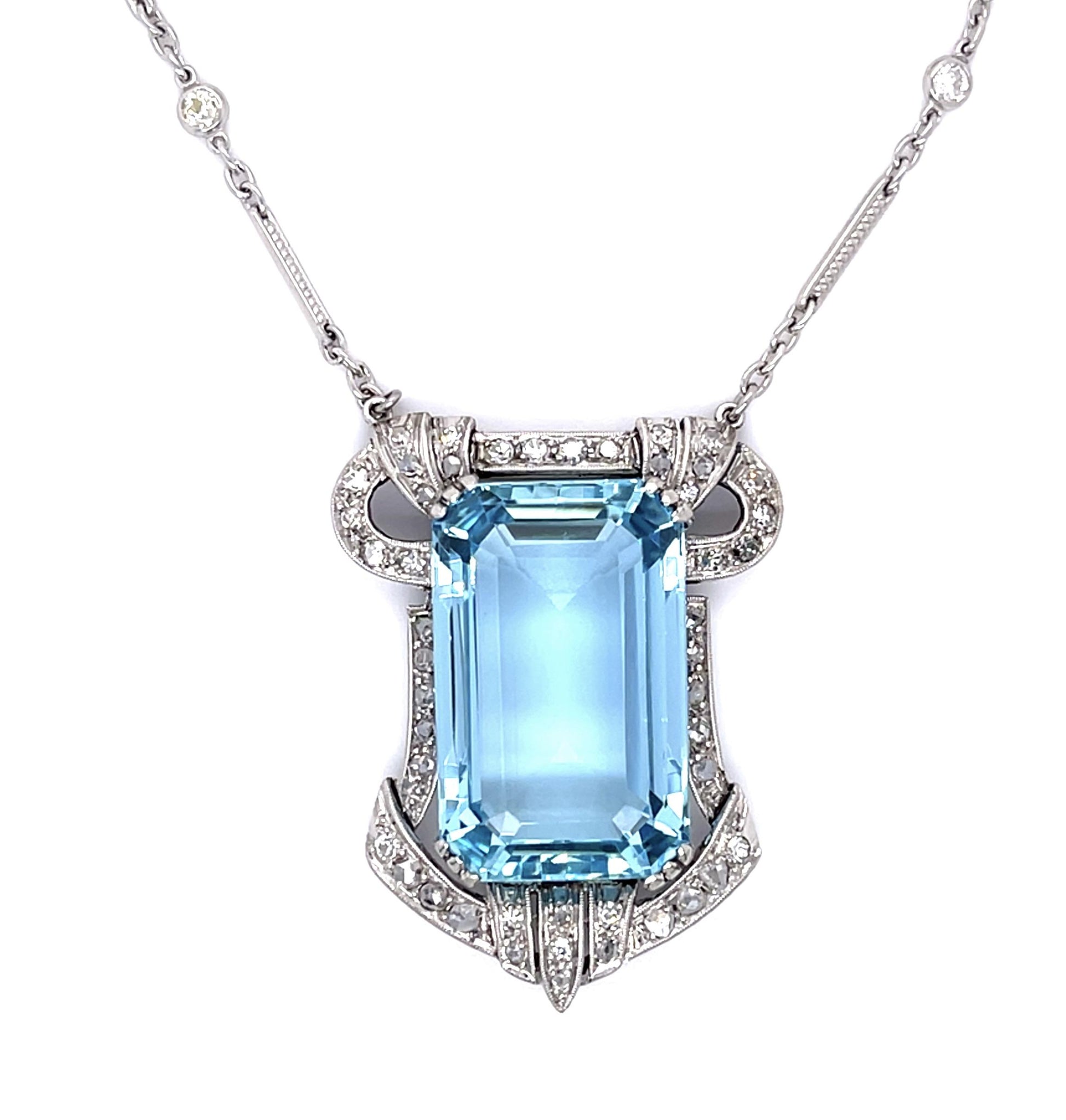 Art Deco 18ct Aquamarine PT Pendant (Vintage 1930s) 2ct+ Diamond