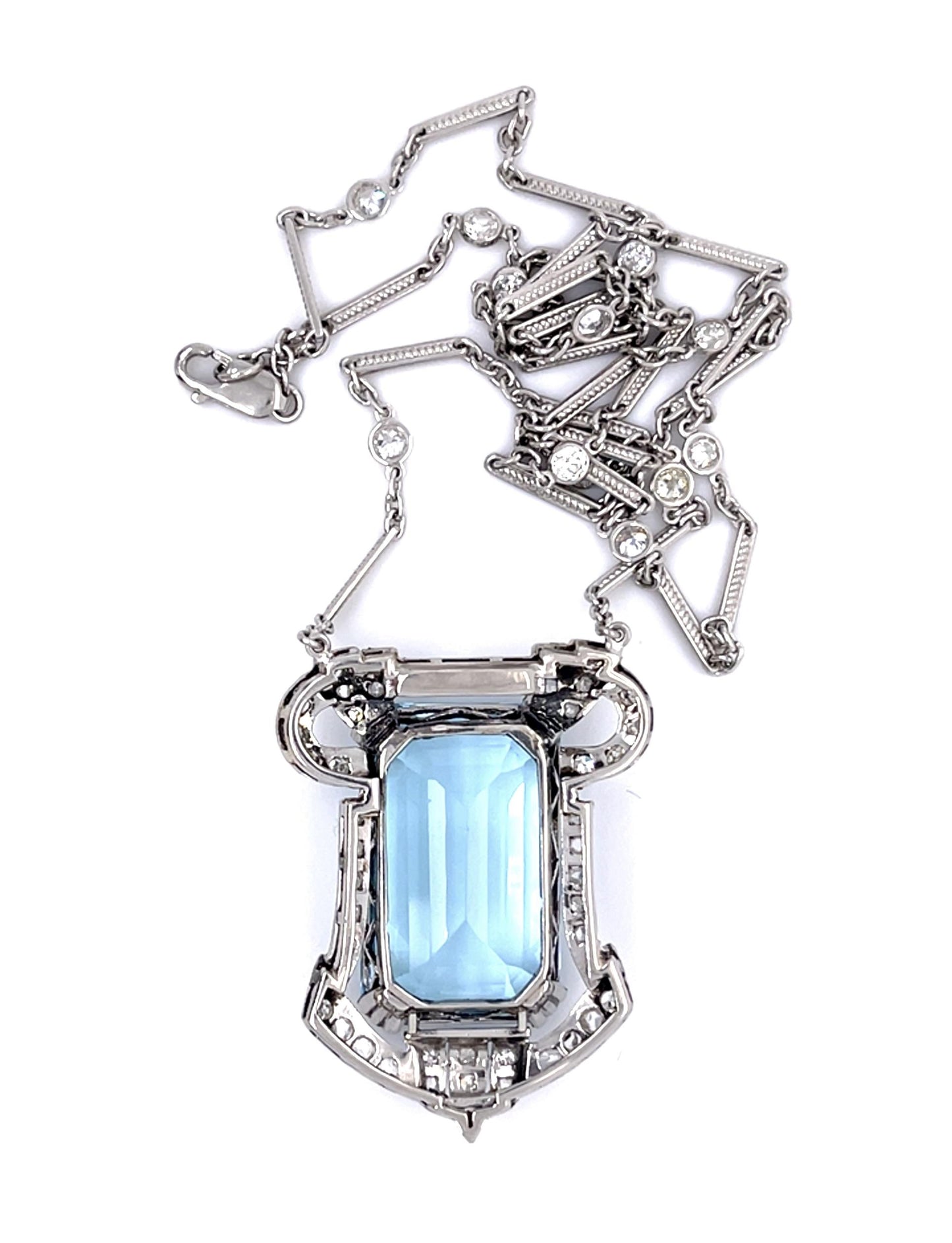 Art Deco 18ct Aquamarine PT Pendant (Vintage 1930s) 2ct+ Diamond