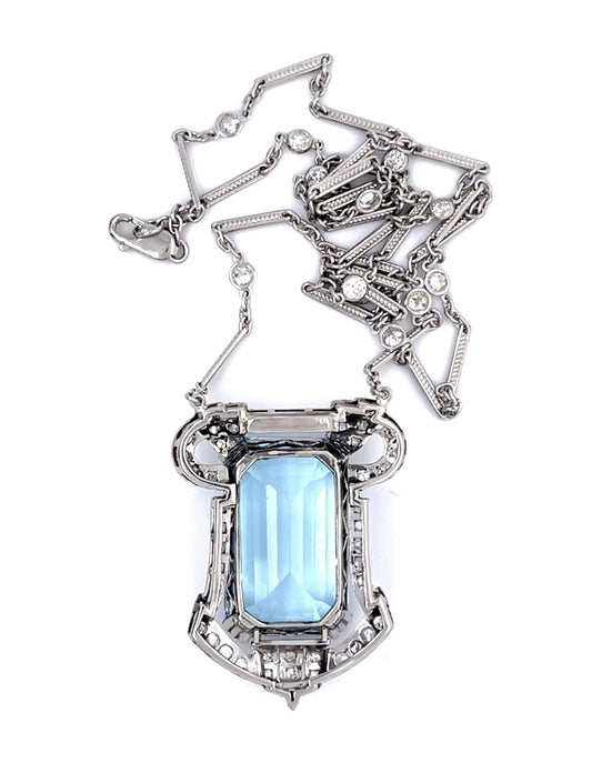 Art Deco 18ct Aquamarine PT Pendant (Vintage 1930s) 2ct+ Diamond