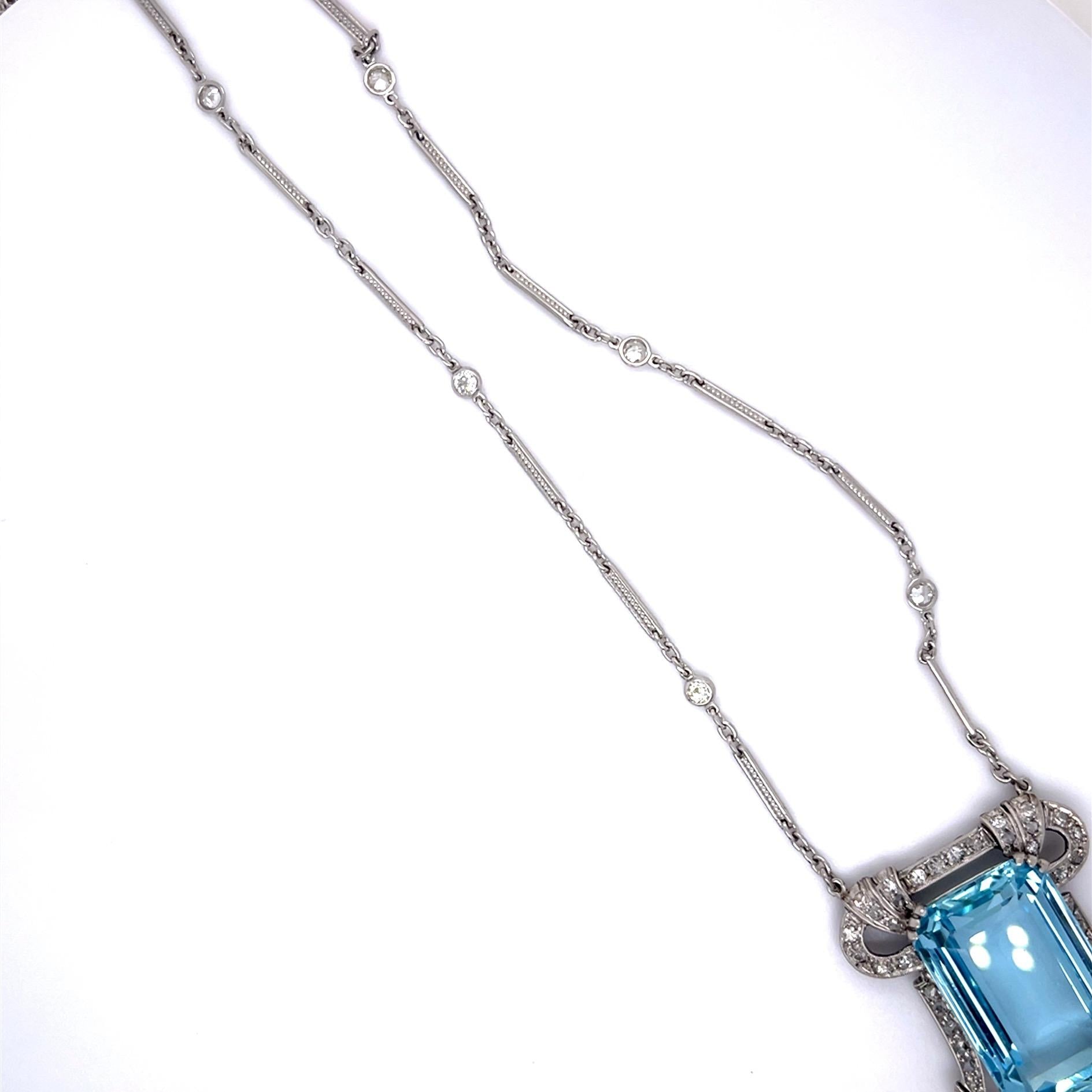 Art Deco 18ct Aquamarine PT Pendant (Vintage 1930s) 2ct+ Diamond